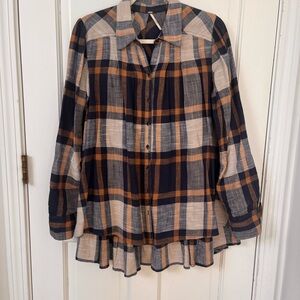 Free People Navy and Tan Plaid Top